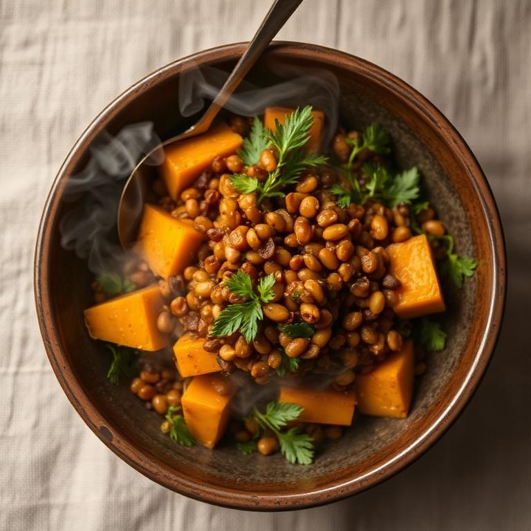 Warme salade met linzen en pompoen