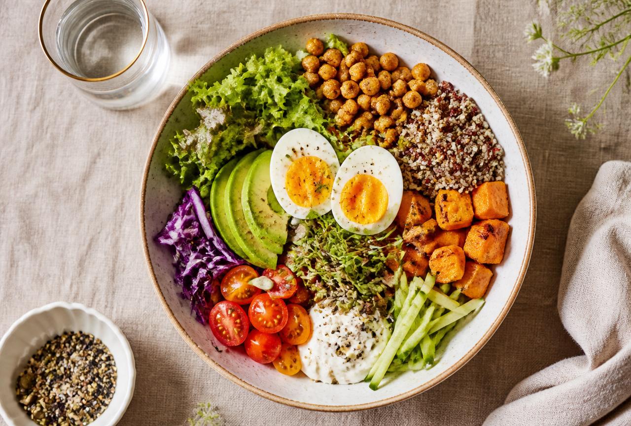 Grote maaltijdsalade met granen, kikkererwten en ei